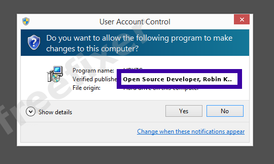 Screenshot where Open Source Developer, Robin Krom appears as the verified publisher in the UAC dialog